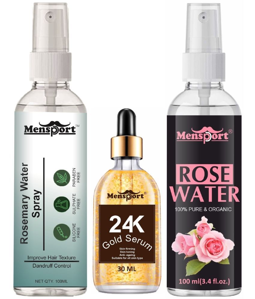     			Mensport Rosemary Water | Hair Spray For Hair Regrowth 100ml, 24K Gold Serum for Anti Ageing 30ml & Natural Rose Water 100ml - Set of 3 Items