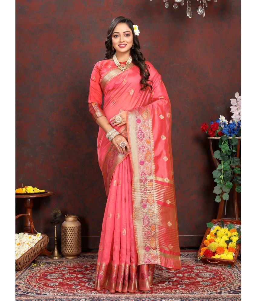     			OFLINE SELCTION Organza Woven Saree With Blouse Piece - Peach ( Pack of 1 )