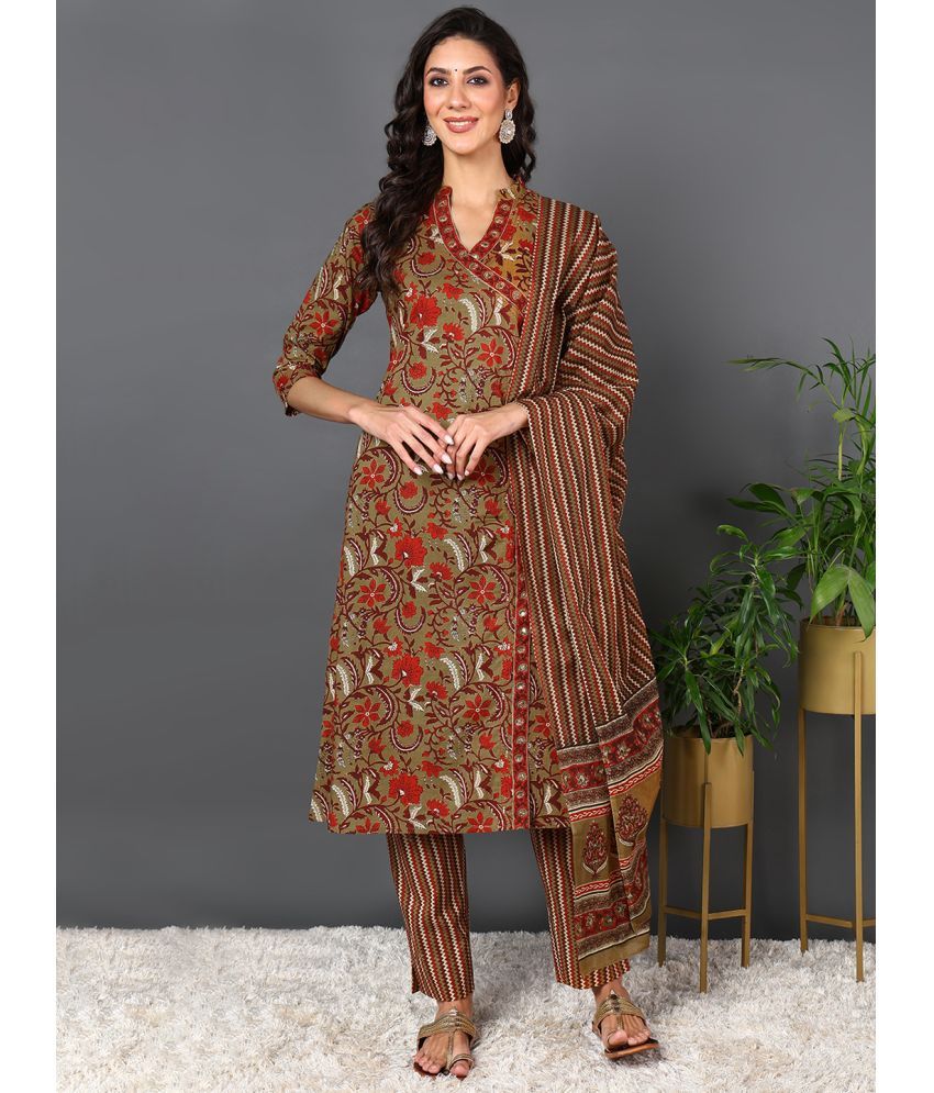     			Vaamsi Cotton Printed Kurti With Pants Women's Stitched Salwar Suit - Brown ( Pack of 1 )