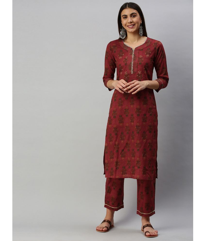     			Vaamsi Cotton Printed Kurti With Pants Women's Stitched Salwar Suit - Maroon ( Pack of 1 )