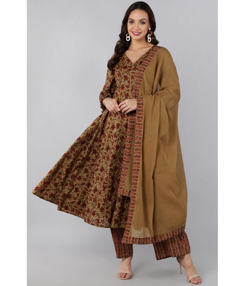     			Vaamsi Cotton Printed Kurti With Pants Women's Stitched Salwar Suit - Brown ( Pack of 1 )