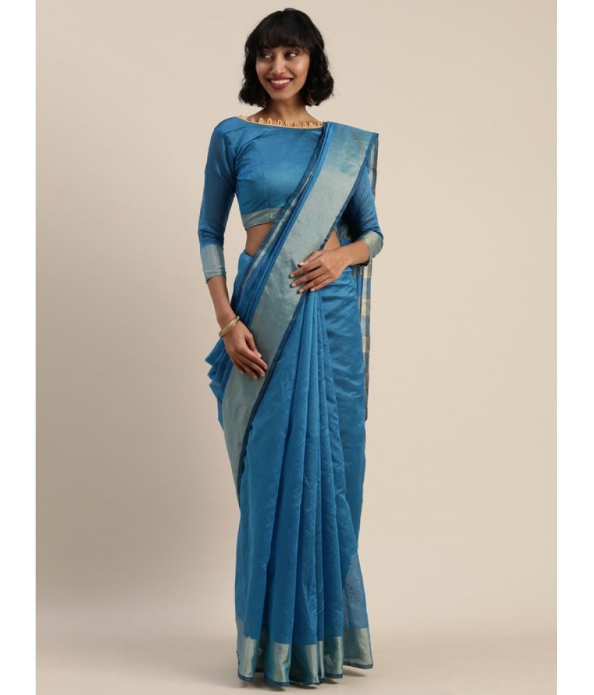     			Vkaran Cotton Silk Applique Saree Without Blouse Piece - Blue ( Pack of 1 )