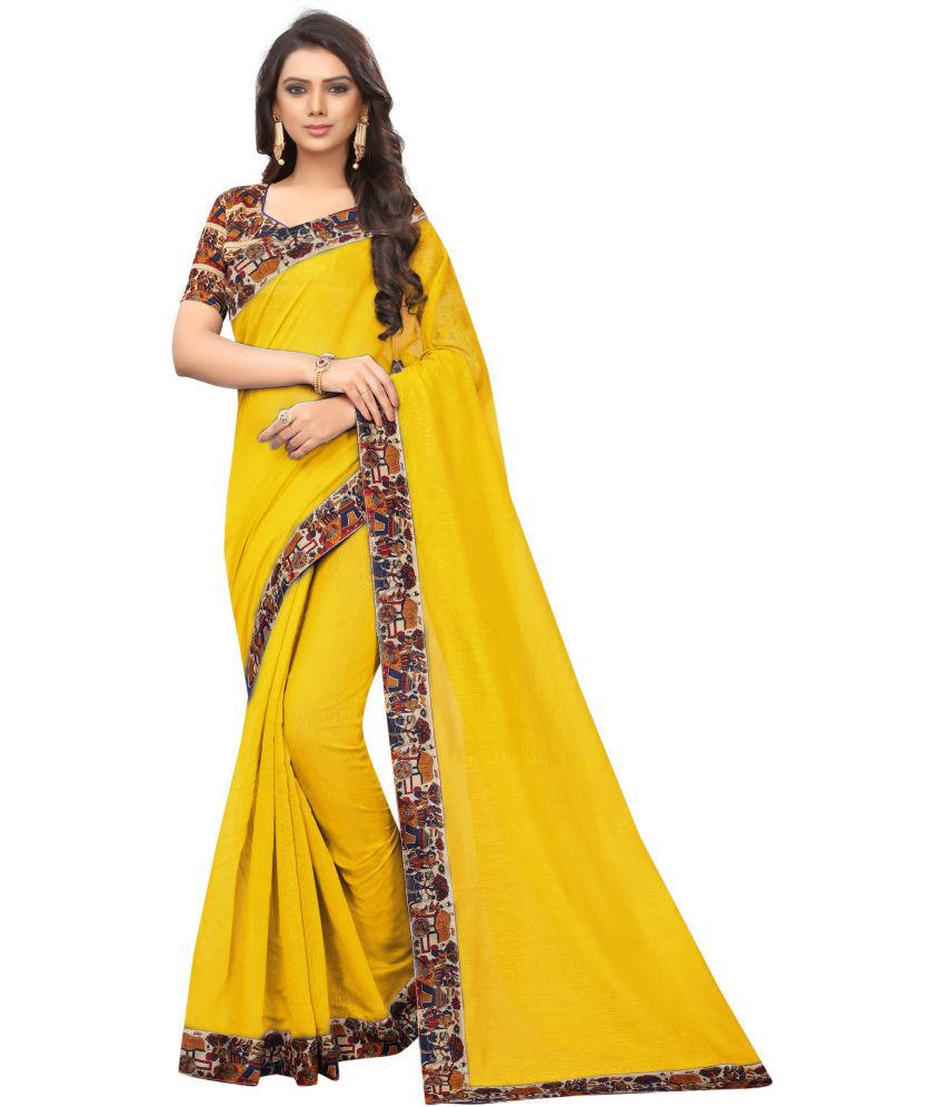     			Vkaran Cotton Silk Embellished Saree Without Blouse Piece - Yellow ( Pack of 1 )