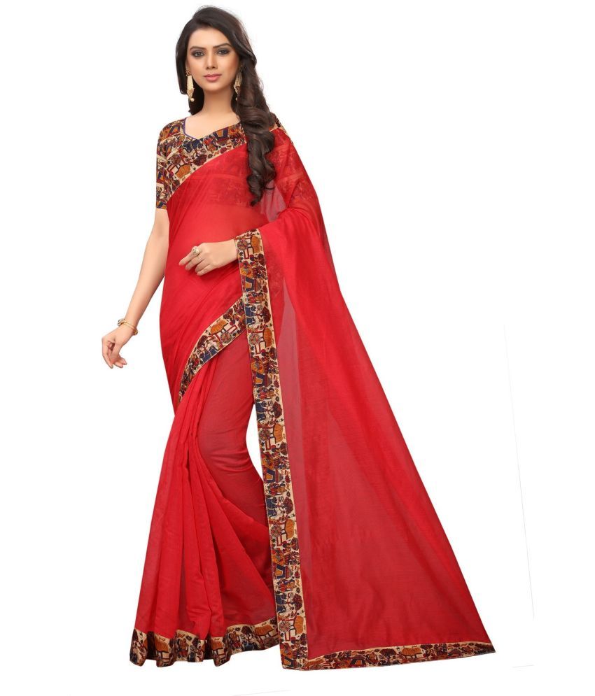     			Vkaran Cotton Silk Embellished Saree Without Blouse Piece - Red ( Pack of 1 )