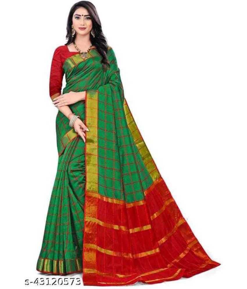     			Vkaran Cotton Silk Woven Saree Without Blouse Piece - Green ( Pack of 1 )