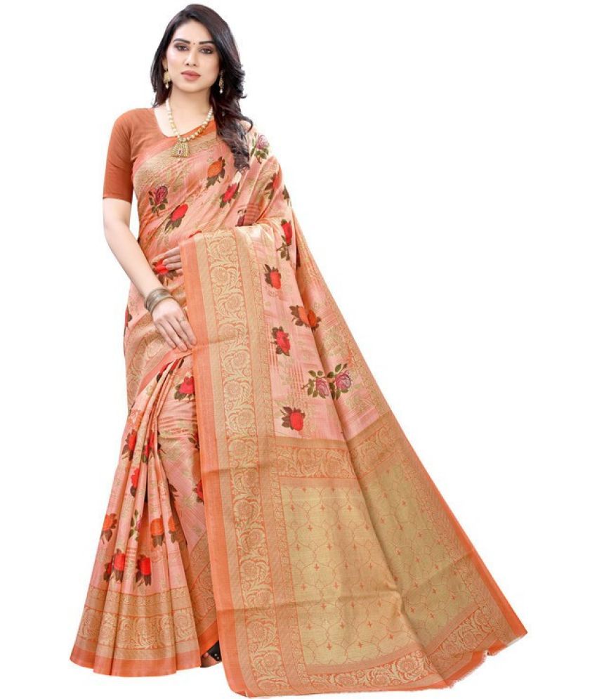     			Vkaran Cotton Silk Woven Saree Without Blouse Piece - Orange ( Pack of 1 )