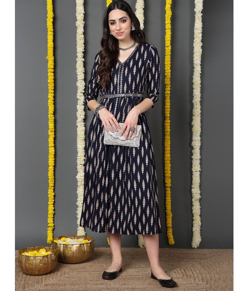     			Vaamsi Viscose Printed A-line Women's Kurti - Navy Blue ( Pack of 1 )