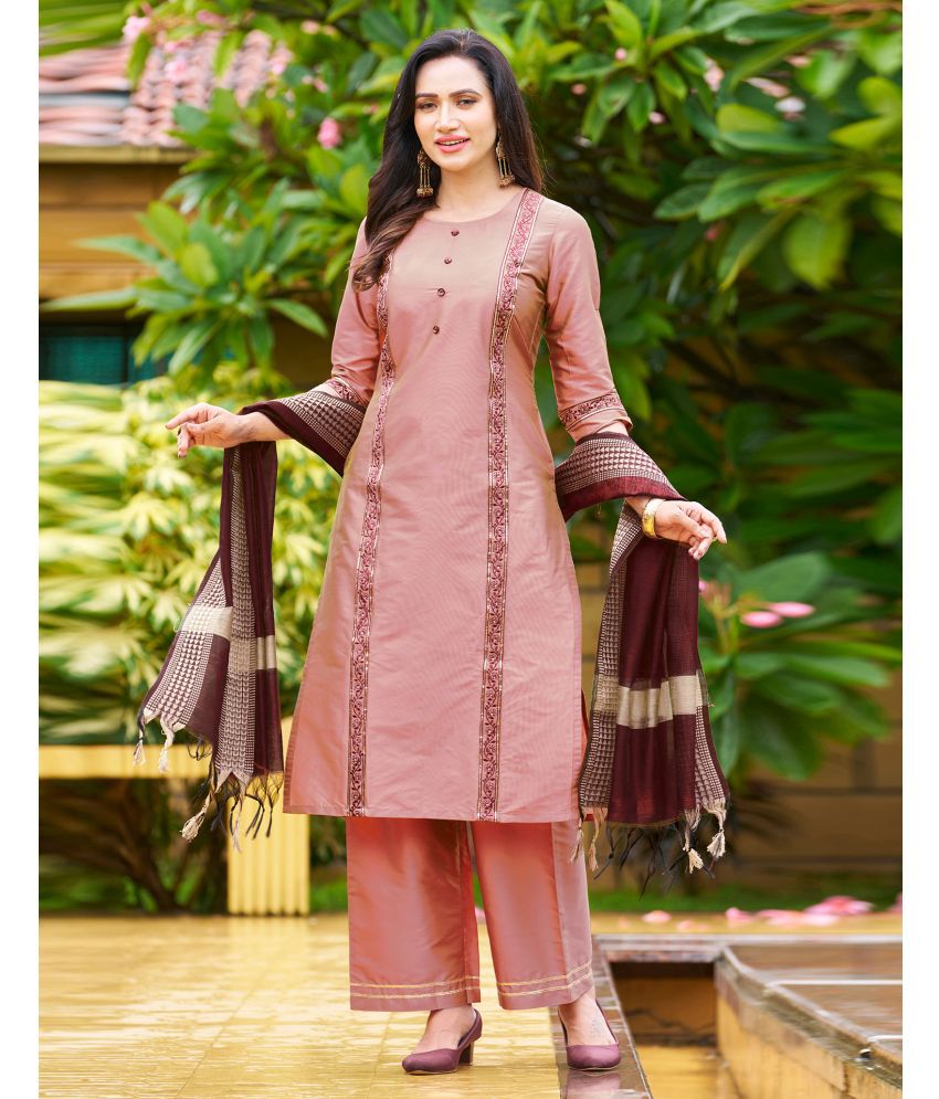     			Skylee Chiffon Embroidered Kurti With Pants Women's Stitched Salwar Suit - Peach ( Pack of 1 )