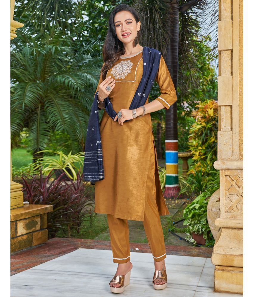     			Skylee Chiffon Embroidered Kurti With Pants Women's Stitched Salwar Suit - Mustard ( Pack of 1 )