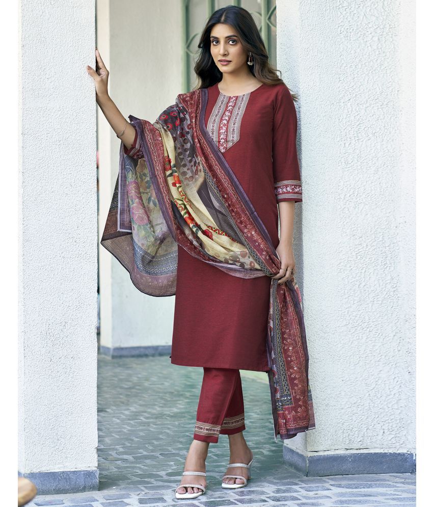    			Skylee Cotton Printed Kurti With Pants Women's Stitched Salwar Suit - Maroon ( Pack of 1 )