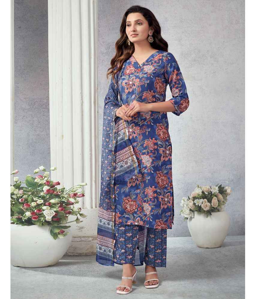     			Skylee Rayon Printed Kurti With Pants Women's Stitched Salwar Suit - Navy Blue ( Pack of 1 )