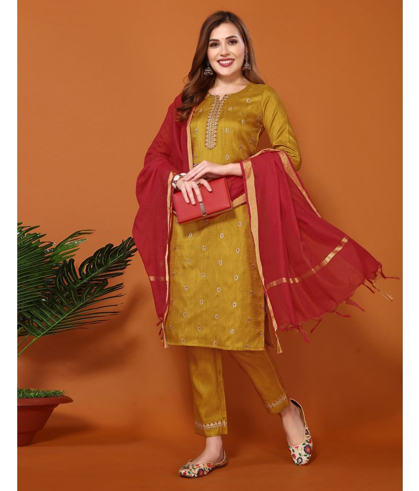     			Skylee Silk Blend Embroidered Kurti With Pants Women's Stitched Salwar Suit - Mustard ( Pack of 1 )