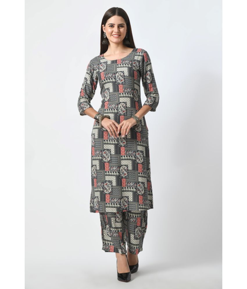     			dhanauti Rayon Printed Kurti With Palazzo Women's Stitched Salwar Suit - Grey ( Pack of 1 )