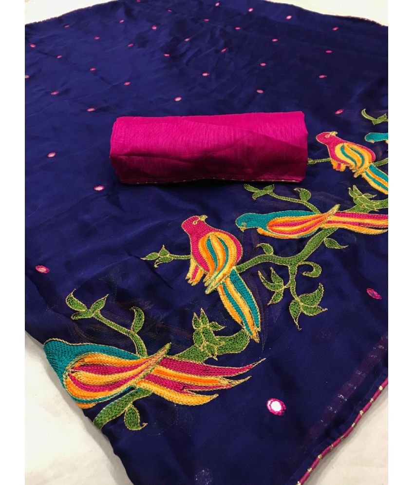     			Poshvariety Silk Blend Self Design Saree With Blouse Piece - Navy Blue ( Pack of 1 )