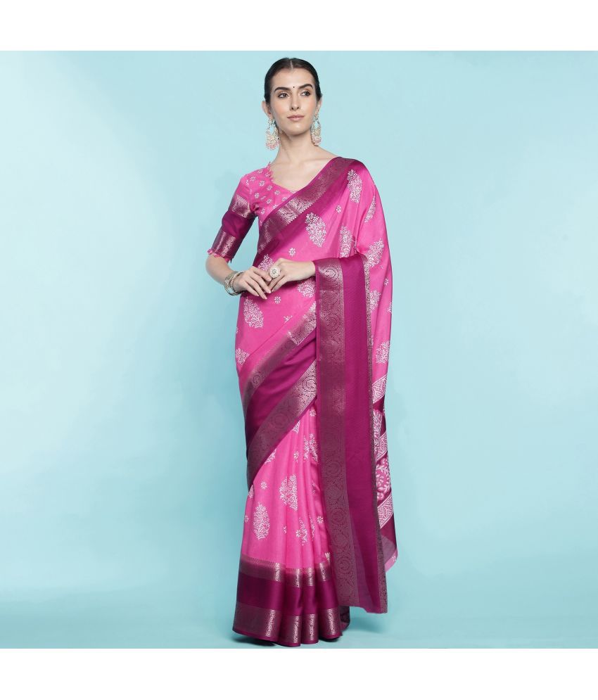     			Rekha Maniyar Fashions Silk Blend Printed Saree With Blouse Piece - Pink ( Pack of 1 )