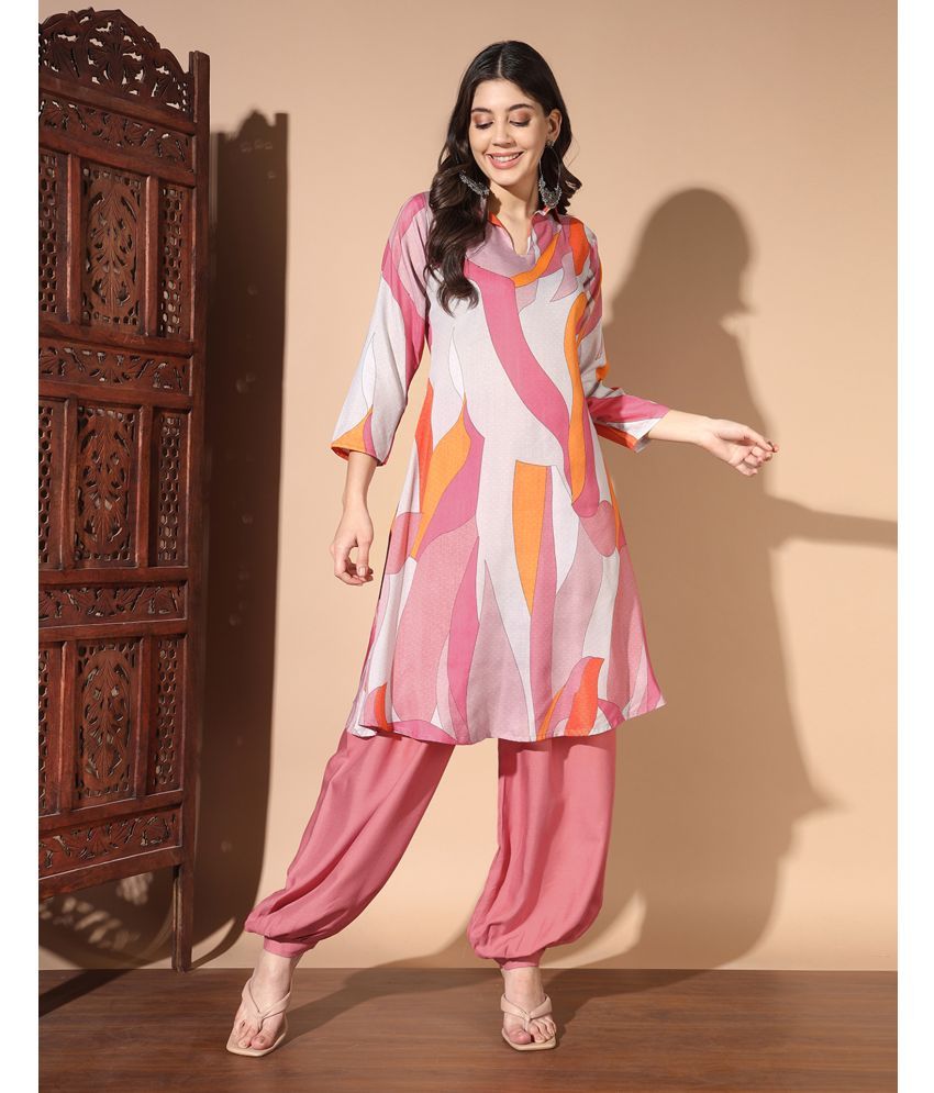     			Skylee Cotton Silk Printed Kurti With Palazzo Women's Stitched Salwar Suit - Pink ( Pack of 1 )