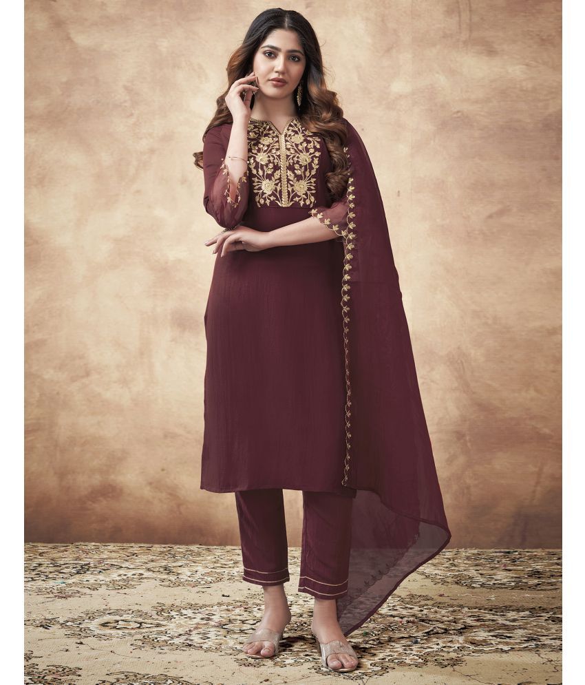     			Skylee Silk Blend Embroidered Kurti With Pants Women's Stitched Salwar Suit - Maroon ( Pack of 1 )