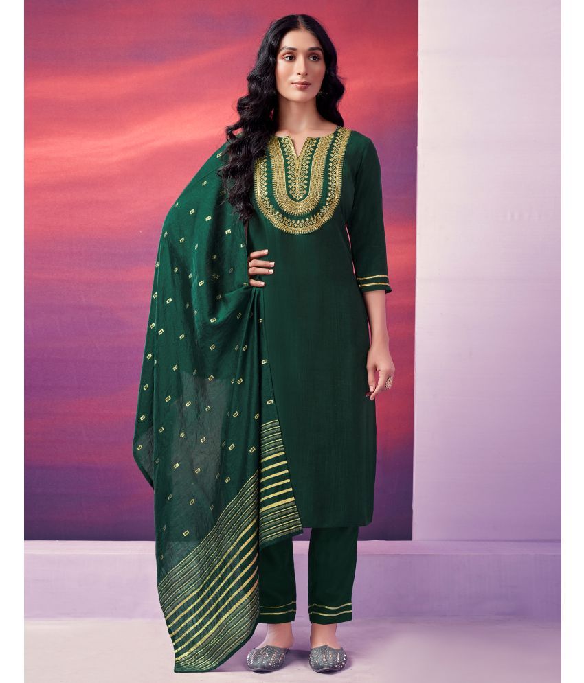     			Skylee Silk Blend Embroidered Kurti With Pants Women's Stitched Salwar Suit - Green ( Pack of 1 )