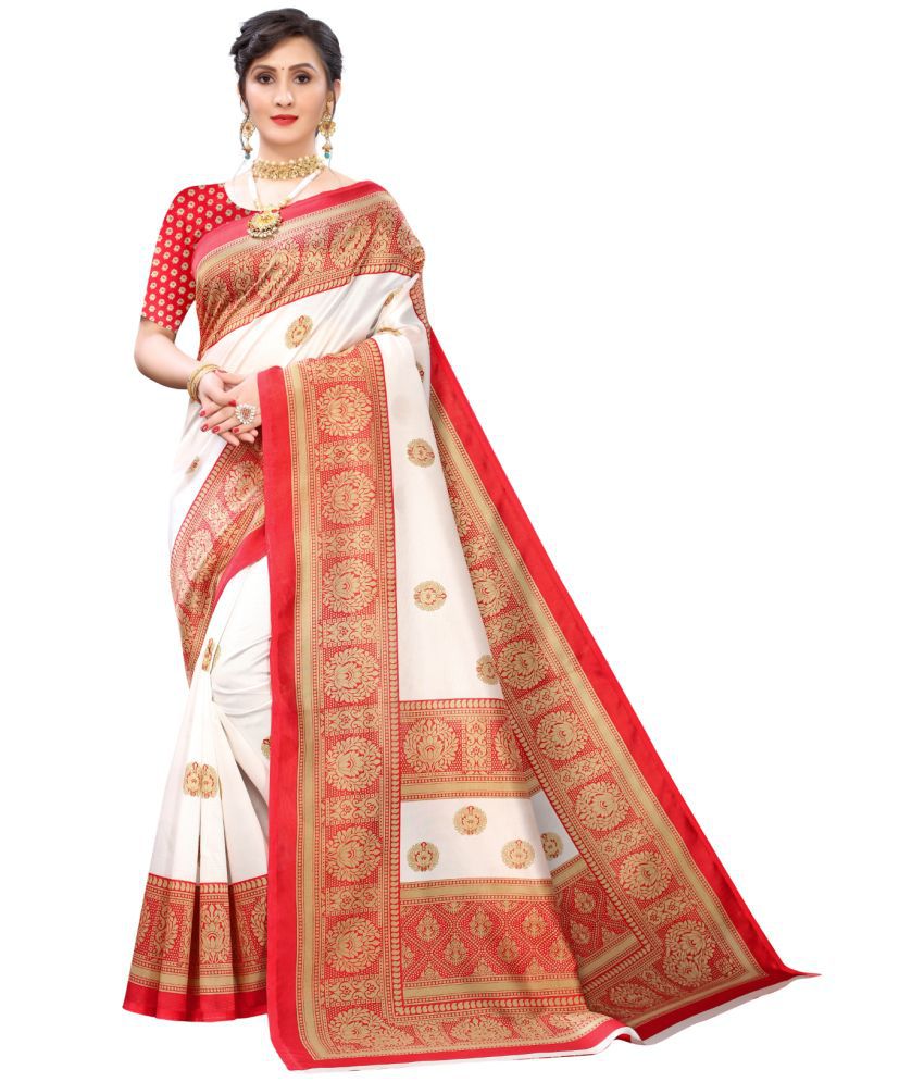     			Aadvika Art Silk Printed Saree With Blouse Piece - White ( Pack of 1 )