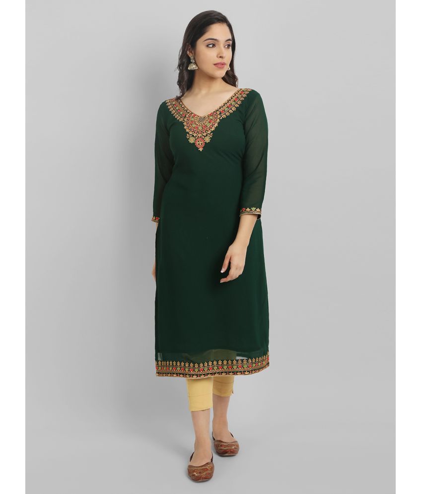    			Femvy Georgette Embroidered Straight Women's Kurti - Green ( Pack of 1 )