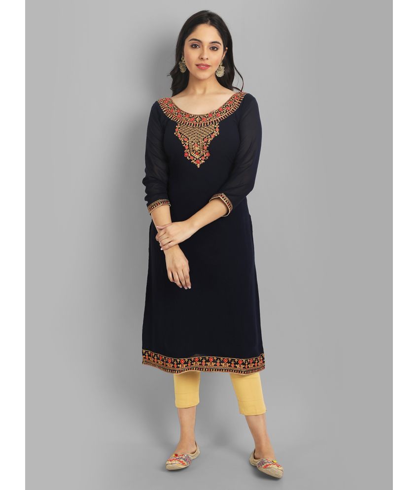     			Femvy Georgette Embroidered Straight Women's Kurti - Black ( Pack of 1 )