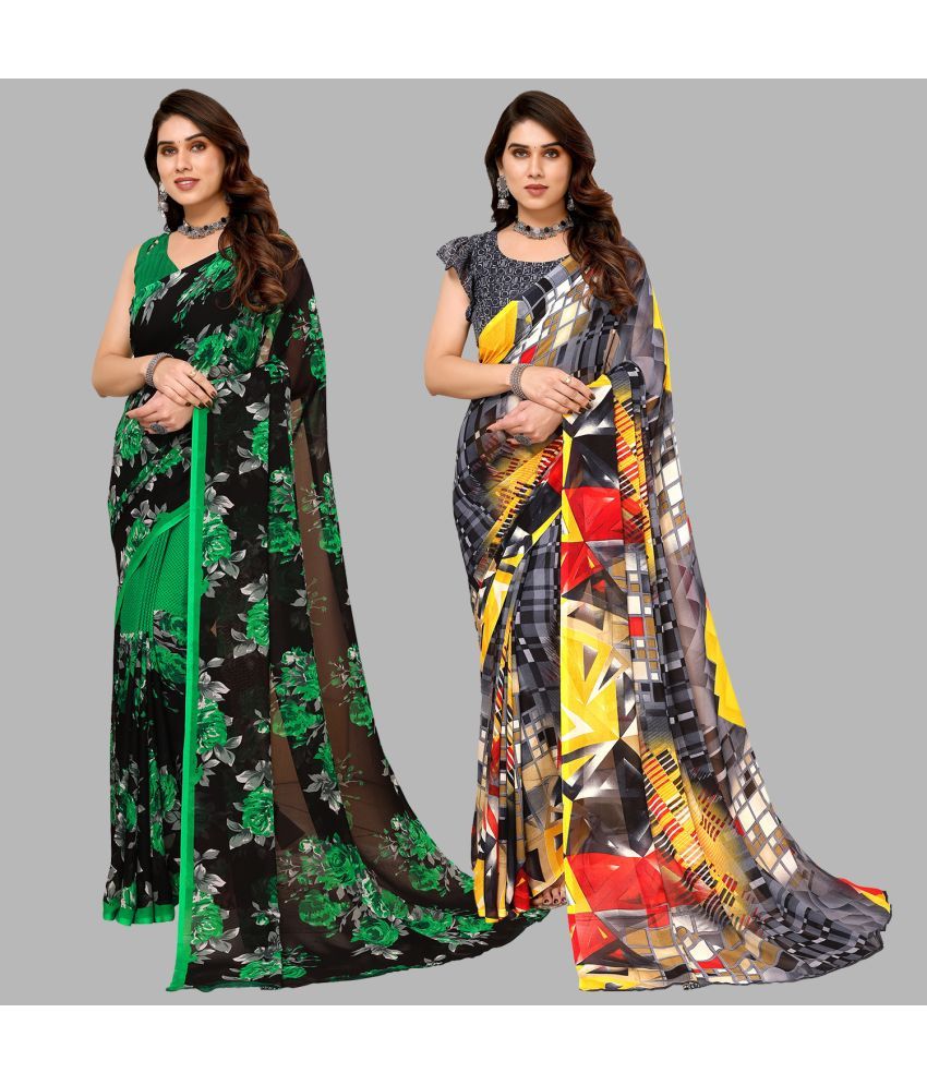     			Kashvi Sarees Georgette Printed Saree With Blouse Piece - Multicolor ( Pack of 2 )