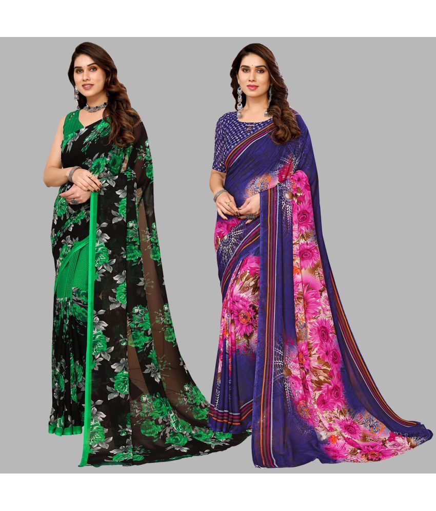     			Kashvi Sarees Georgette Printed Saree With Blouse Piece - Multicolor ( Pack of 2 )