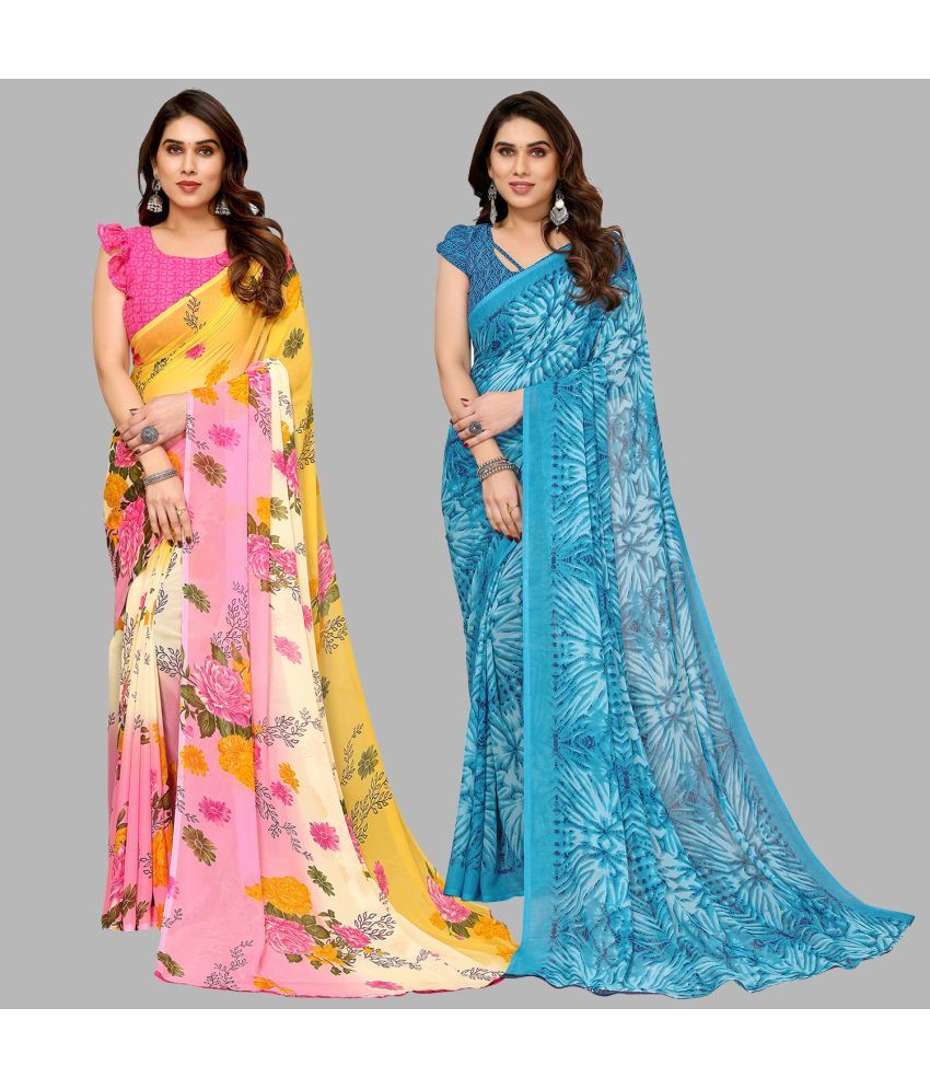     			Kashvi Sarees Georgette Printed Saree With Blouse Piece - Multicolor ( Pack of 2 )