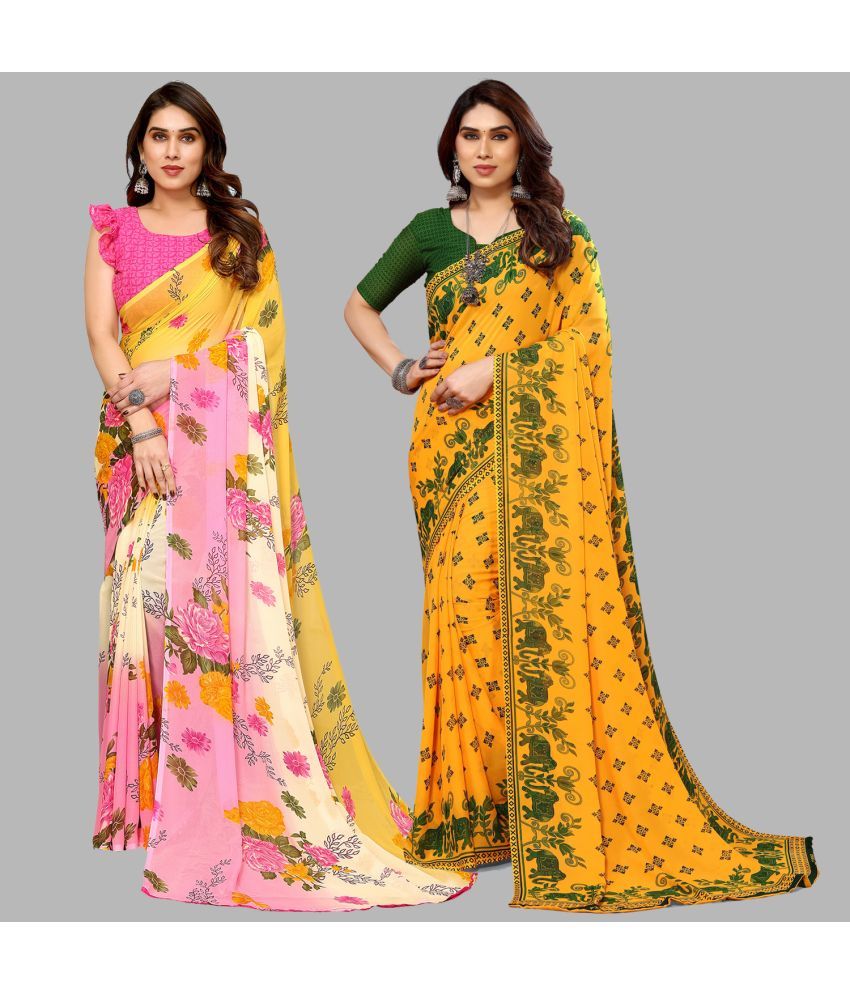     			Kashvi Sarees Georgette Printed Saree With Blouse Piece - Multicolor ( Pack of 2 )