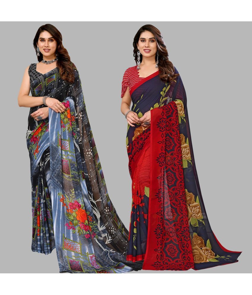     			Kashvi Sarees Georgette Printed Saree With Blouse Piece - Multicolor ( Pack of 2 )