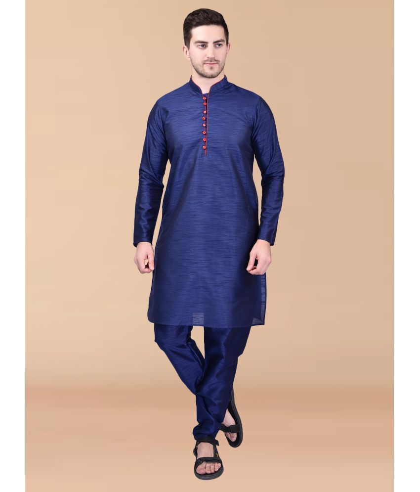     			PRINTCULTR Navy Silk Regular Fit Men's Kurta Pyjama Set ( Pack of 1 )