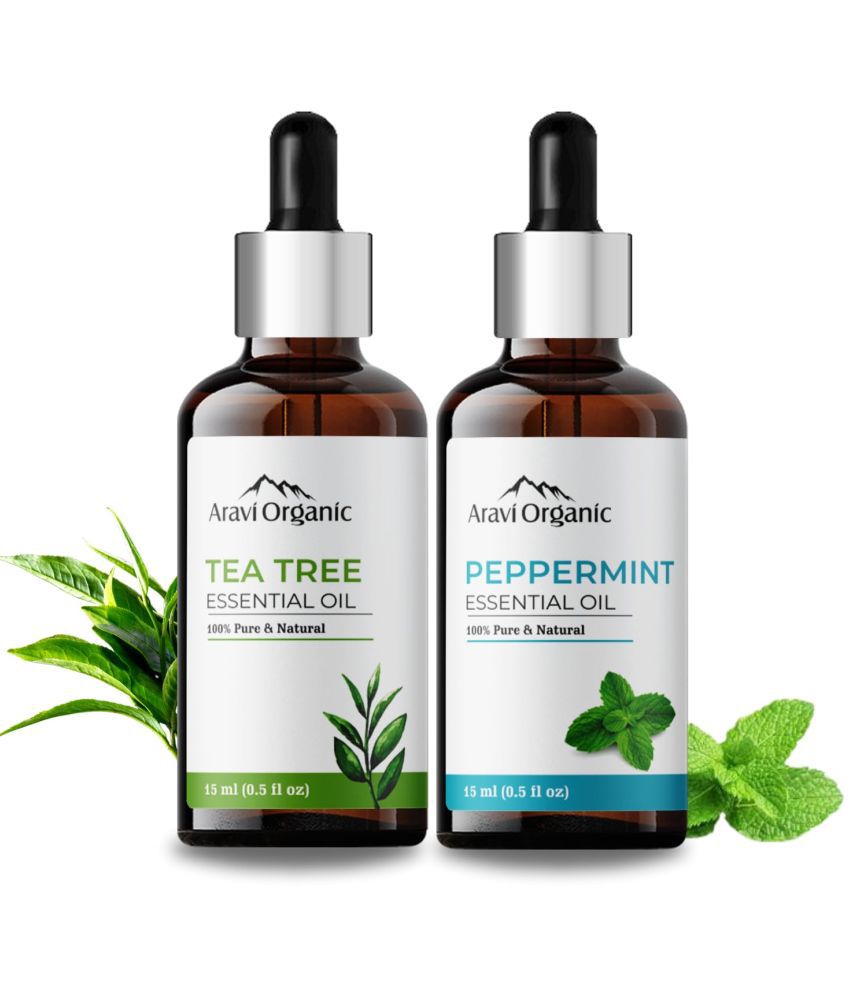     			Aravi Organic Peppermint & Tea Tree Essential Oil Combo-100% Pure Therapeutic Grade Aromatherapy Oil for Skin, Hair, & Face - Natural Refreshing Scent-Pack Of 2 - 15 ml