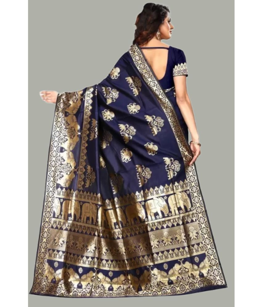     			GARIYA Banarasi Silk Embellished Saree With Blouse Piece - Navy Blue ( Pack of 1 )