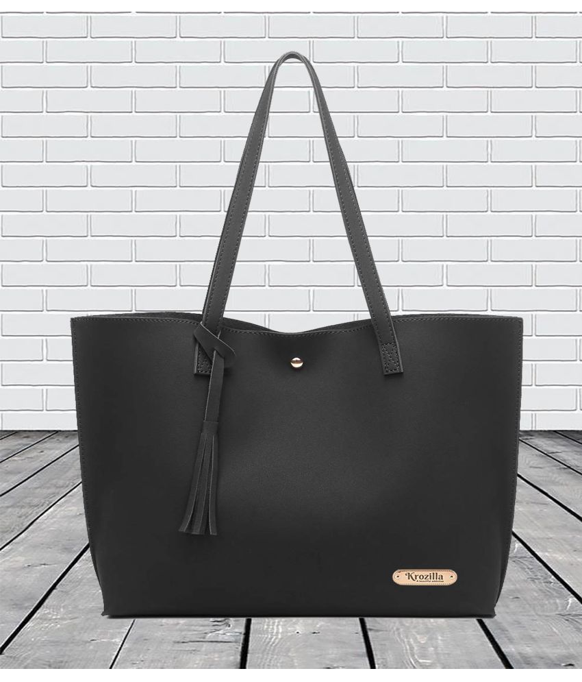     			Krozilla Black Faux Leather Tote Bag