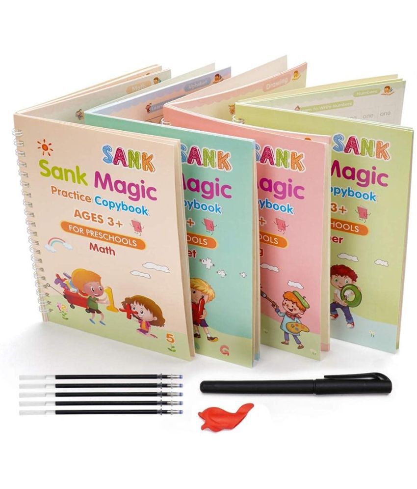     			Magic Book for Kids, Sank Magic Practice Copybook, (4 Book+10 Refill+1 Pen+1 Grip) Number Tracing Book for Pre-Schoolers with Pen, Magic Calligraphy Copybook Set Writing Tool for Kids