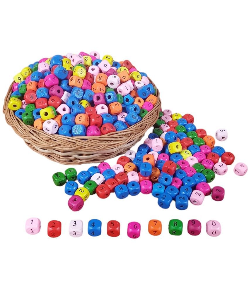     			PRANSUNITA 10 mm Wooden Numerical 0-9 Square Shape Loose Beads for DIY Bracelets, Necklaces, Educational Toys – Natural Multicolored – Pack of 100 pcs