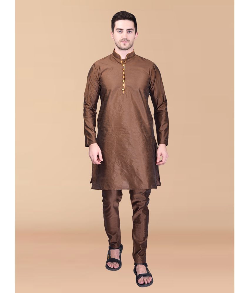     			PRINTCULTR Brown Silk Regular Fit Men's Kurta Pyjama Set ( Pack of 1 )