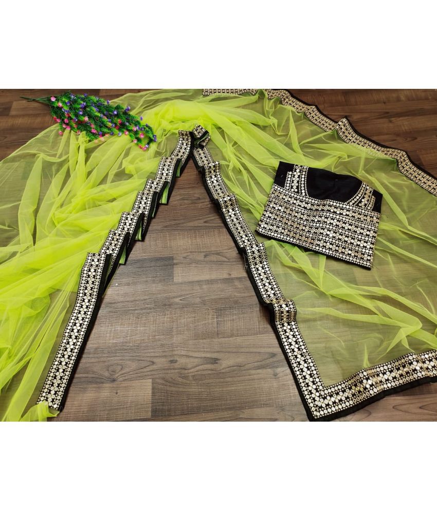     			Poshvariety Net Printed Saree With Blouse Piece - Green ( Pack of 1 )