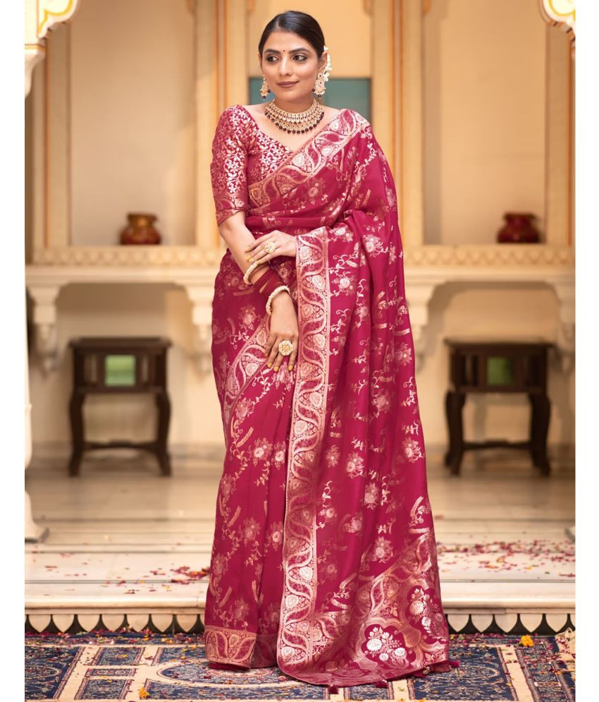     			Samah Art Silk Woven Saree With Blouse Piece - Pink ( Pack of 1 )
