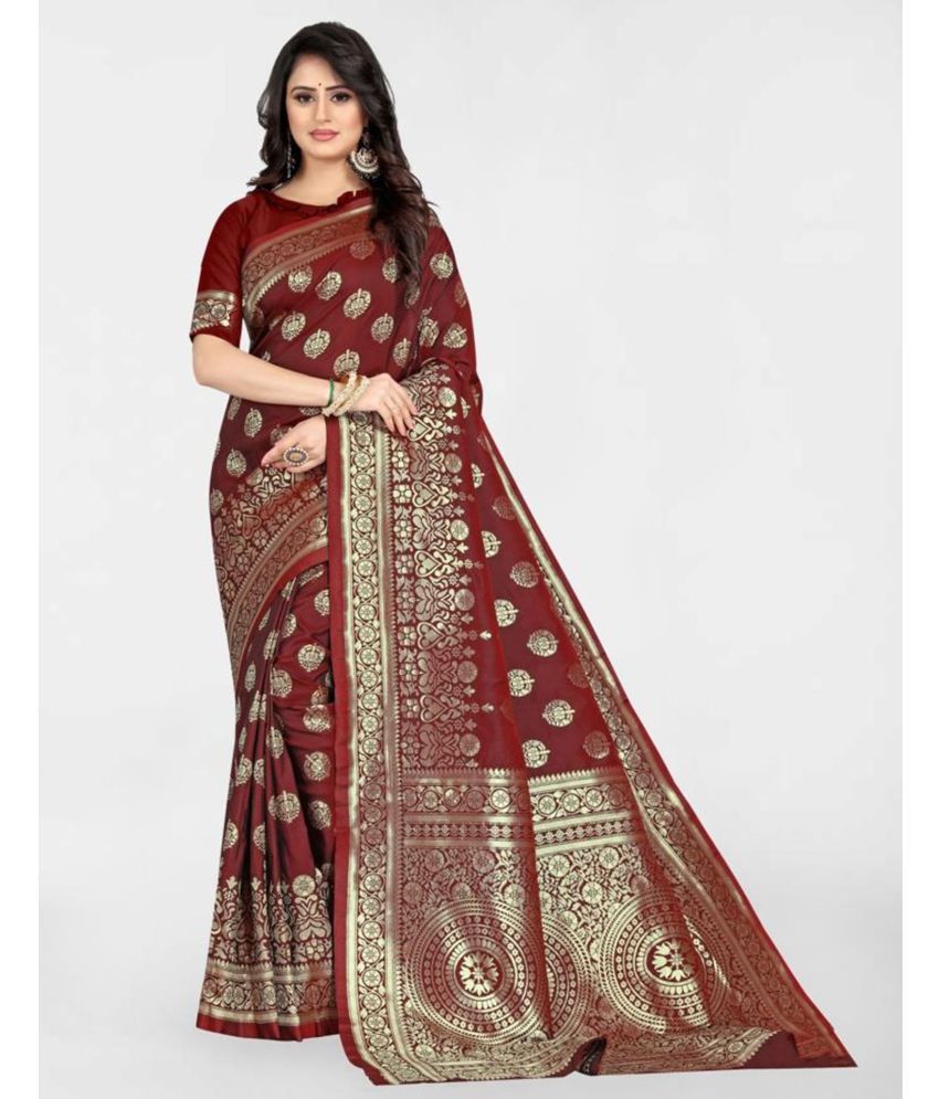     			Samah Art Silk Woven Saree With Blouse Piece - Wine ( Pack of 1 )