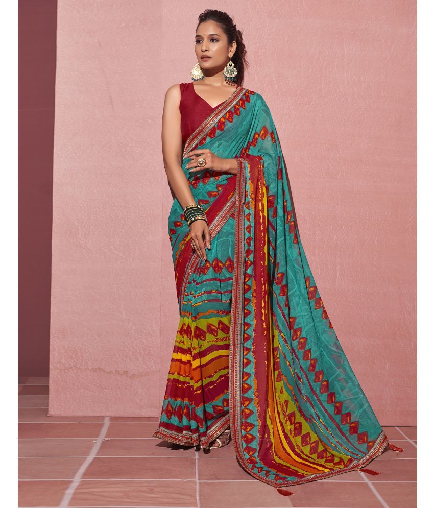     			Samah Chiffon Printed Saree With Blouse Piece - Teal ( Pack of 1 )