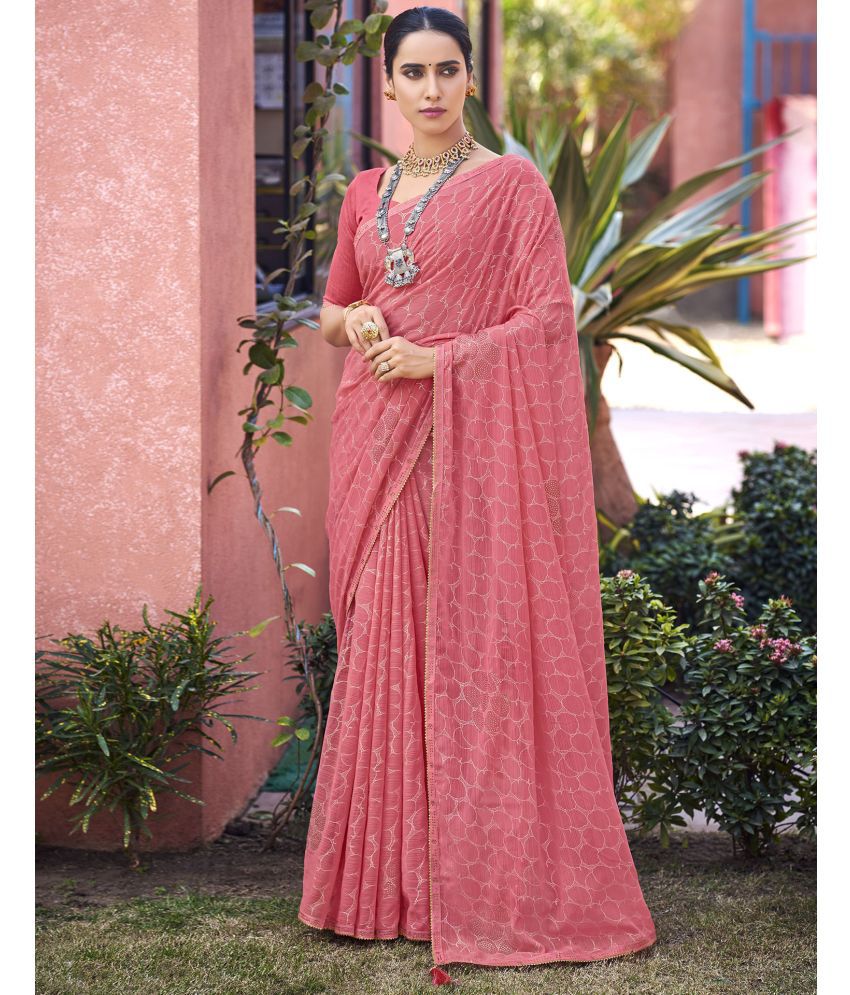     			Samah Chiffon Self Design Saree With Blouse Piece - Pink ( Pack of 1 )