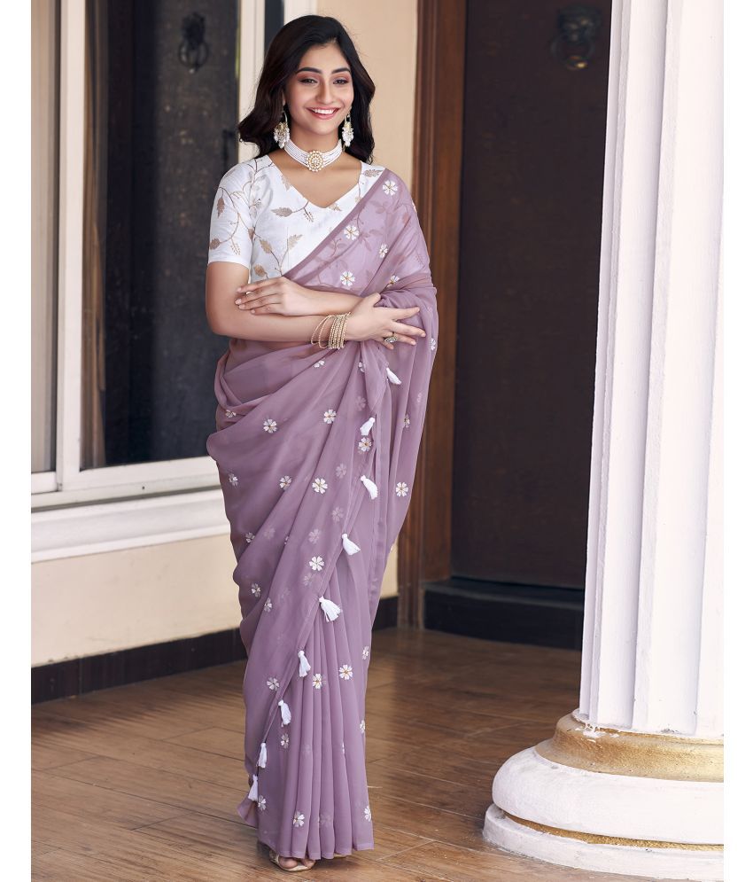     			Samah Georgette Embroidered Saree With Blouse Piece - Mauve ( Pack of 1 )
