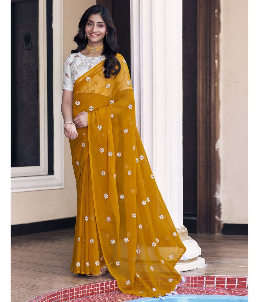     			Samah Georgette Embroidered Saree With Blouse Piece - Yellow ( Pack of 1 )