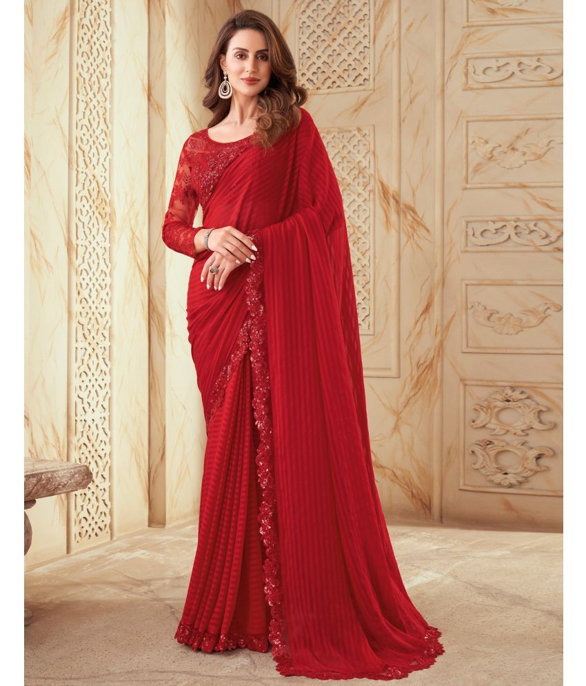     			Samah Georgette Self Design Saree With Blouse Piece - Red ( Pack of 1 )