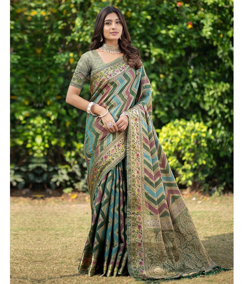     			Samah Organza Woven Saree With Blouse Piece - Green ( Pack of 1 )