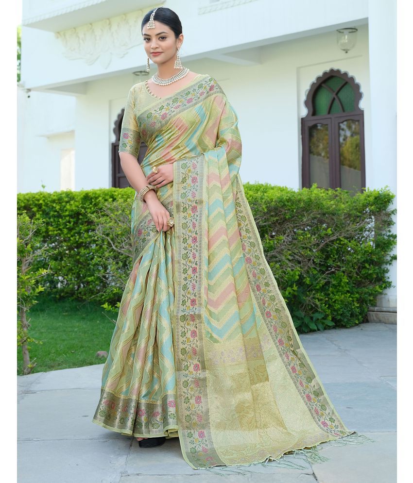     			Samah Organza Woven Saree With Blouse Piece - Green ( Pack of 1 )