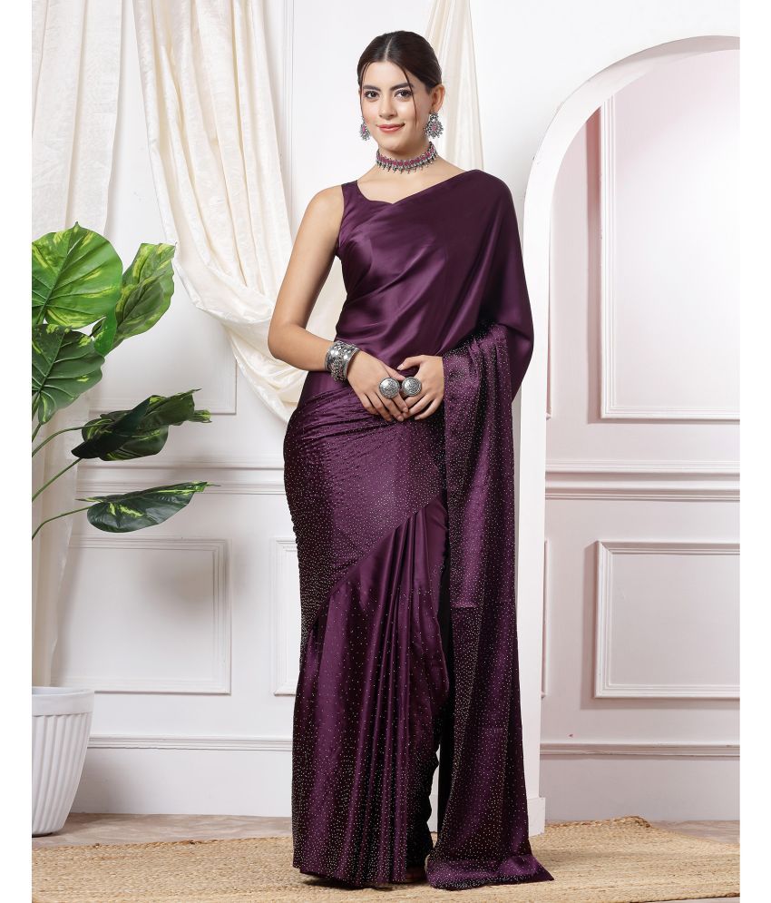     			Samah Satin Embellished Saree With Blouse Piece - Wine ( Pack of 1 )