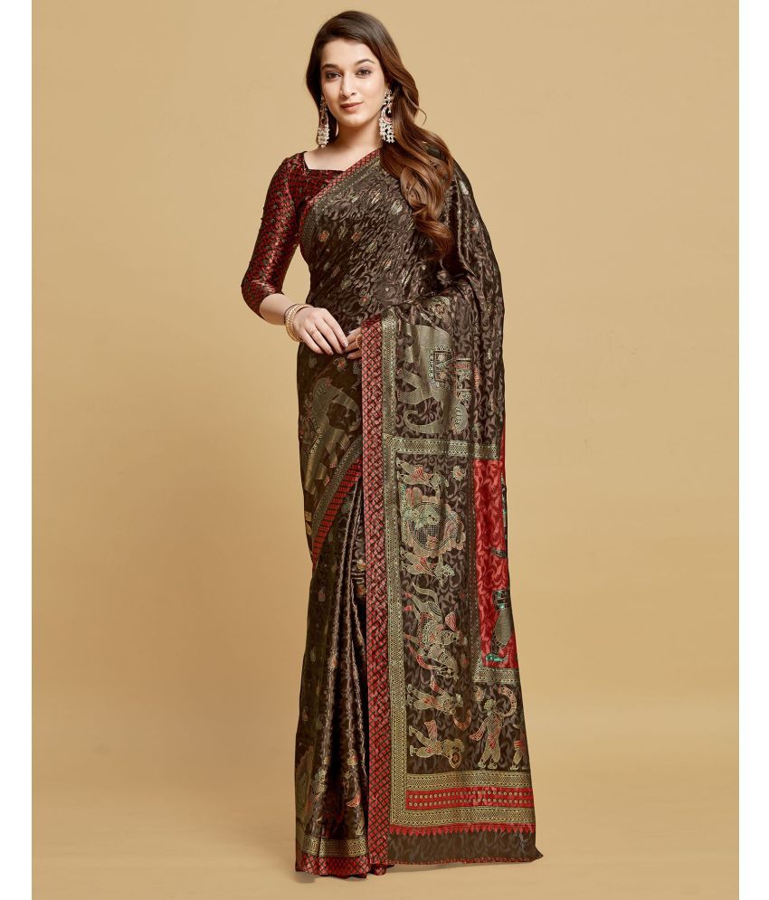     			Samah Silk Blend Self Design Saree With Blouse Piece - Brown ( Pack of 1 )