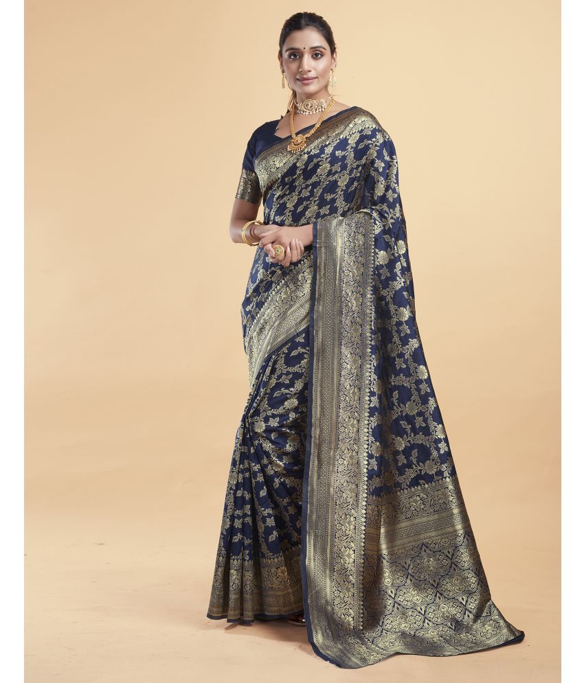     			Samah Silk Woven Saree With Blouse Piece - Navy Blue ( Pack of 1 )